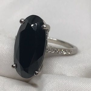 Elongated Oval Black Spinel w/ Zircon Ring